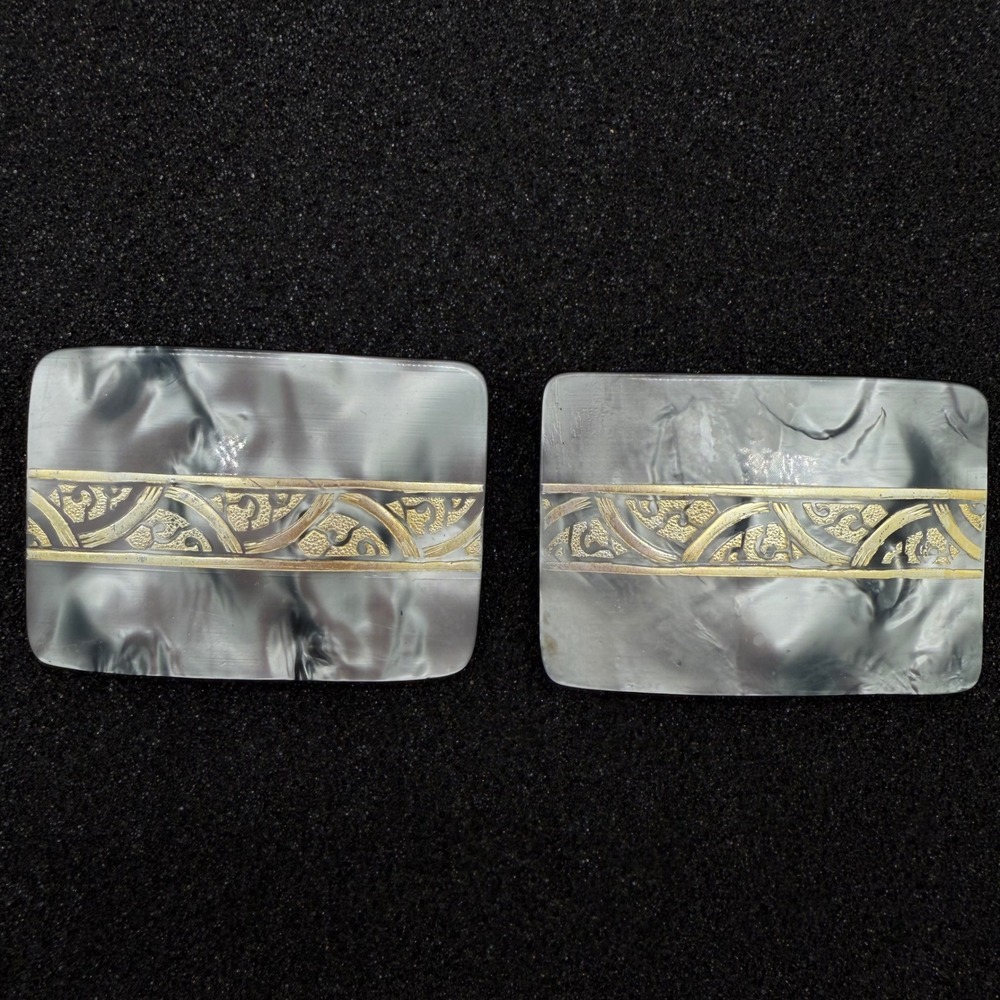 Vintage Dress / Shoe Clips Pair Gray Lucite Gold Inlay Art Deco Made in France